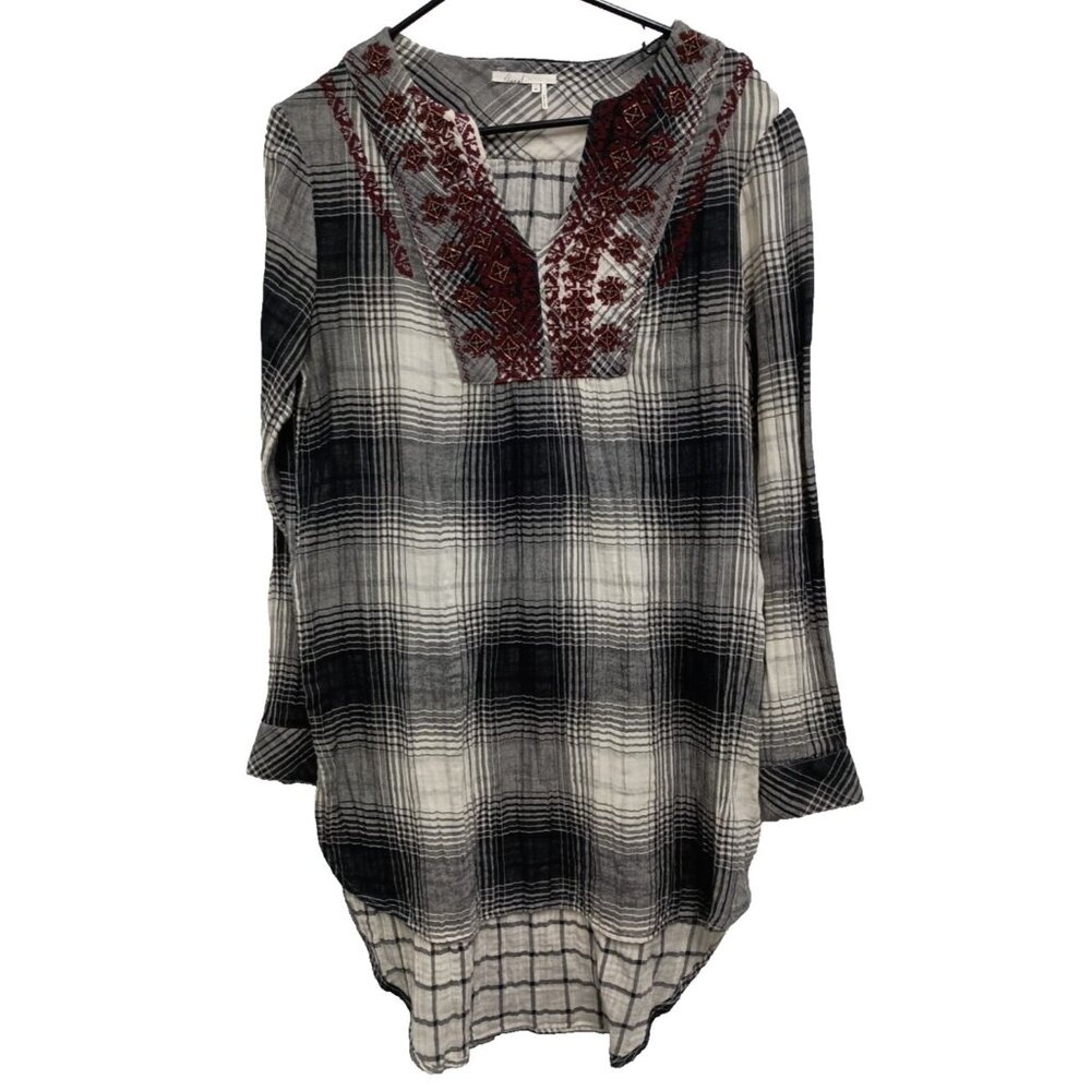 Floreat Anthropologie Womens‎ Tunic Top XS Gray Plaid Embroidered Gauzy BOHO